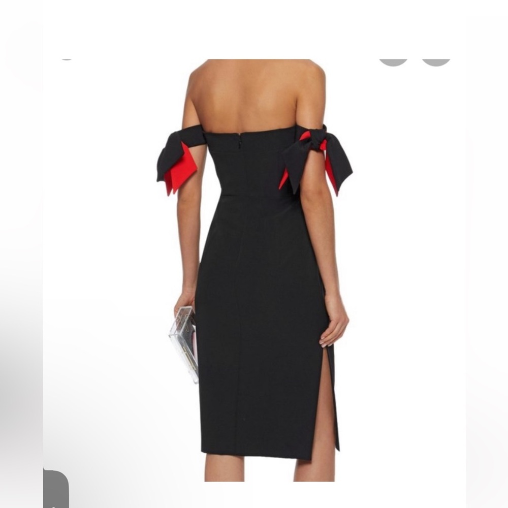 Milly Black with Red Sleeve Midi Off the Shoulder Italian Dress